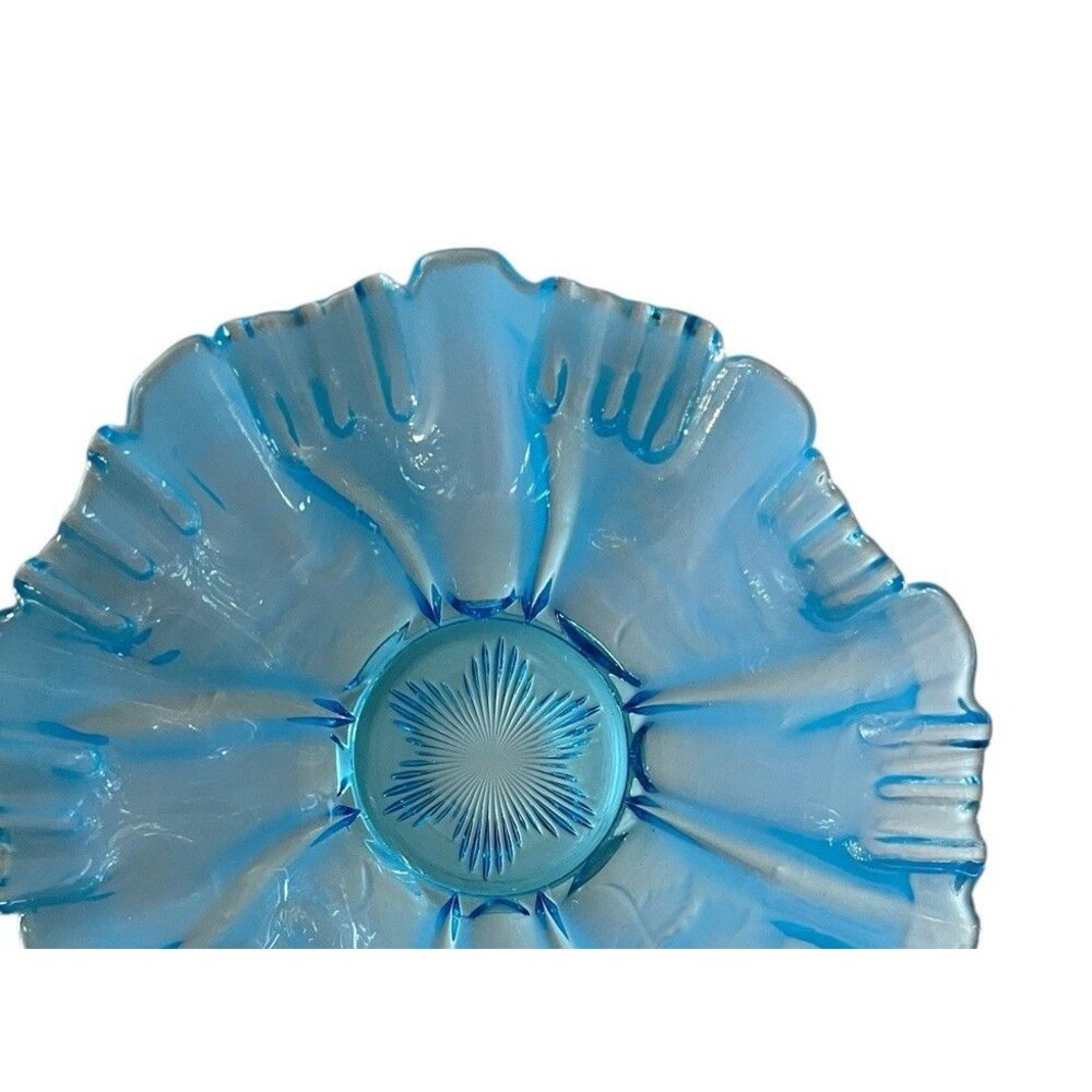 Antique Jefferson Opalescent Blue Pressed Glass Ruffled Shell Bowl c1905 8"
